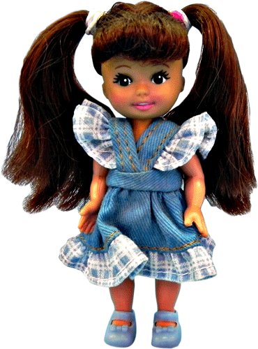 Маленькая виниловая куколка в голубом платьице и туфельках