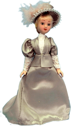 Светловолосая фарфоровая кукла в длинной шёлковой юбке