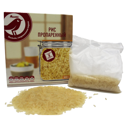 Рис пропаренный в пакетиках «Красная птица Ашан».